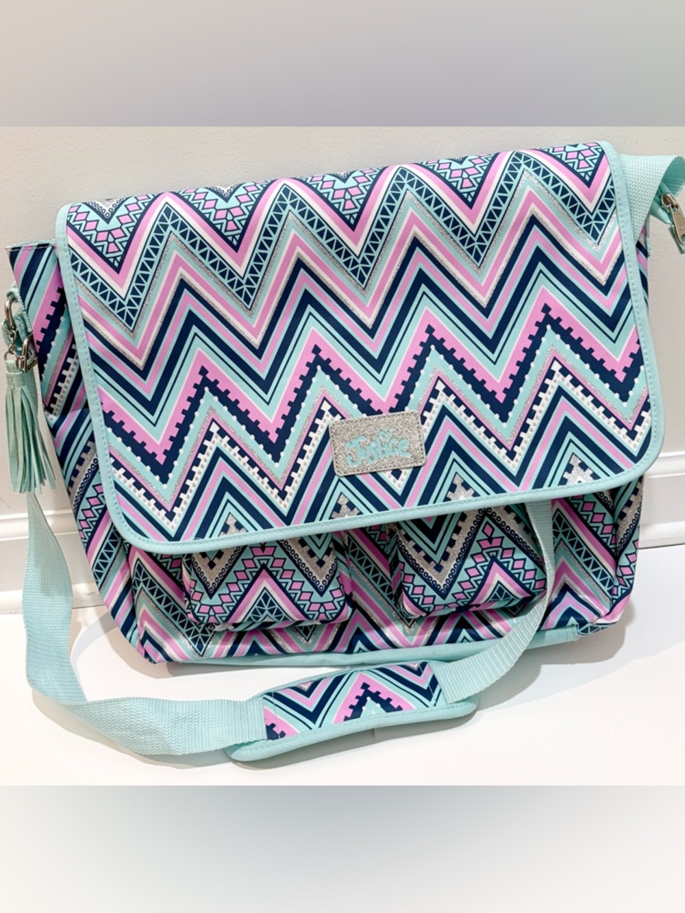 Justice Chevron Aqua Glitter Messenger Crossbody School Girl Bag Lightweight